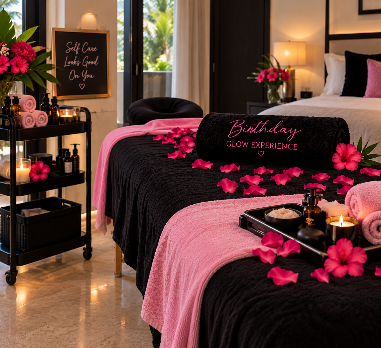 Black and pink birthday glow spa setup in a villa with rose petals, candles and a massage table