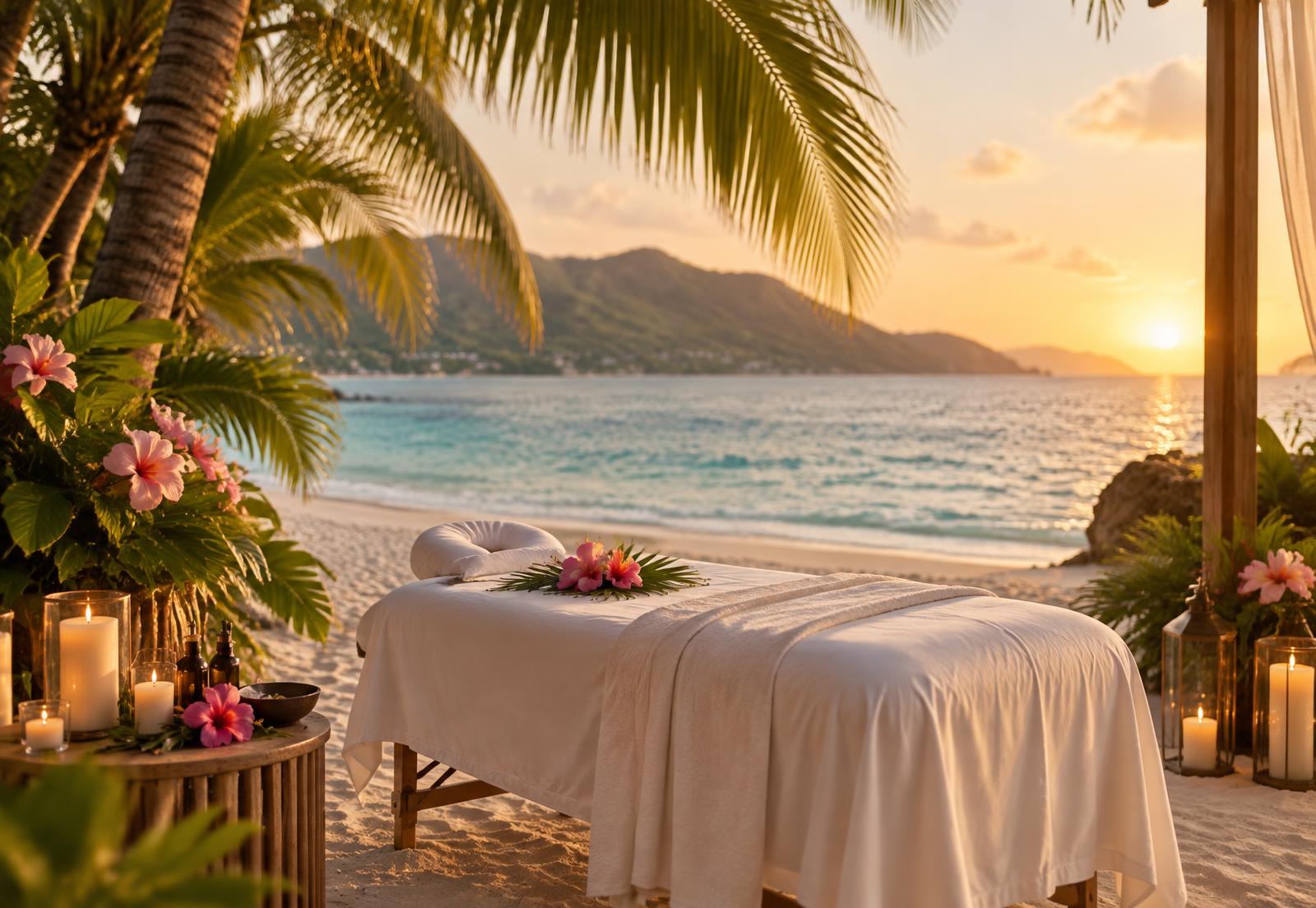 Massage table dressed in white linen on a Jamaican beach at sunset